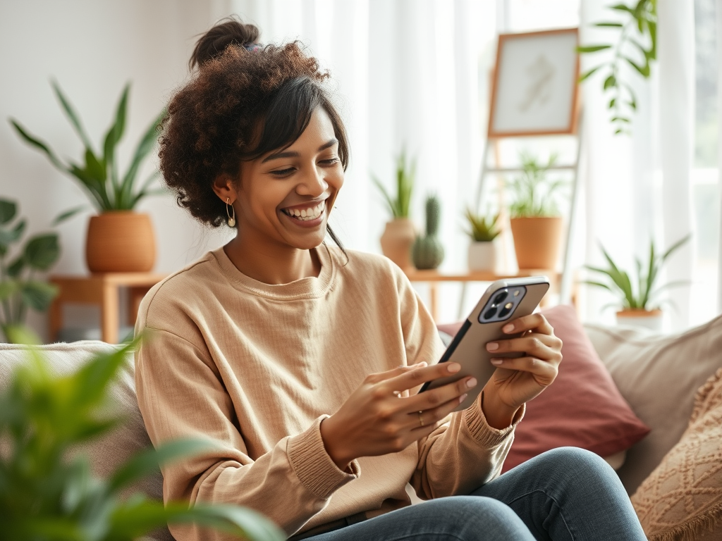 A smiling woman with curly hair sits on a couch, enjoying her smartphone while surrounded by plants.