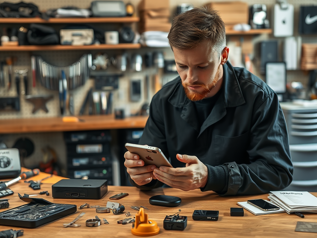 A focused individual examines a phone while surrounded by various tools and gadgets on a cluttered workbench.