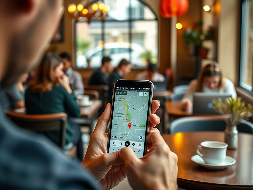 A person holds a smartphone displaying a map in a busy café with people working and enjoying their drinks.