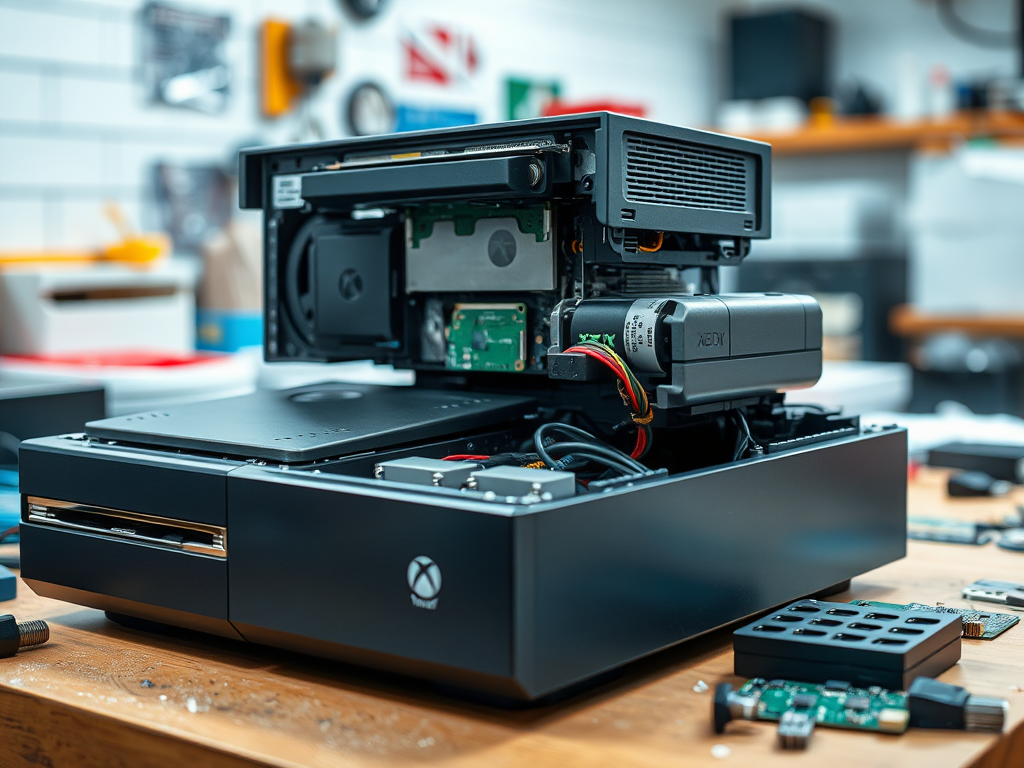 An open gaming console on a wooden workbench, revealing internal components and tools scattered around.