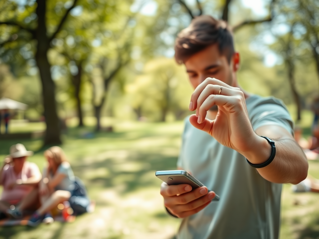 A young man in a park is using his phone while gesturing with his other hand, surrounded by greenery and people.