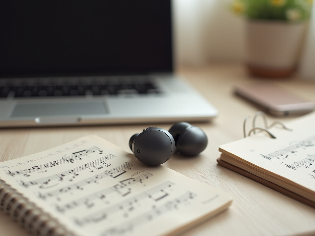 A desk with a laptop, smartphone, wireless earbuds, and sheet music on a notebook.